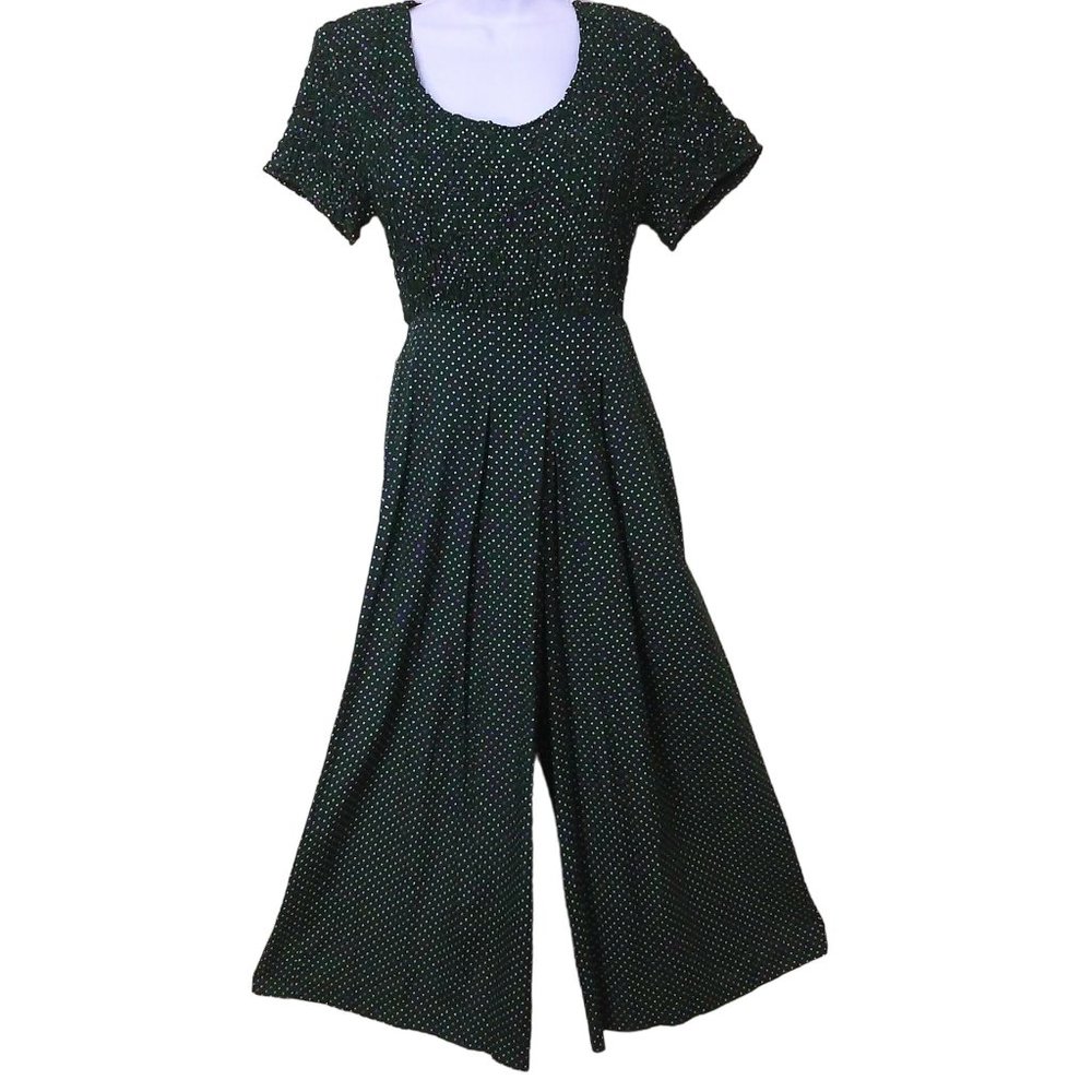 Vtg 80s My Michelle Polka Dot Jumpsuit -5/6 Smocked Bodice SS Pleated Wide-Leg